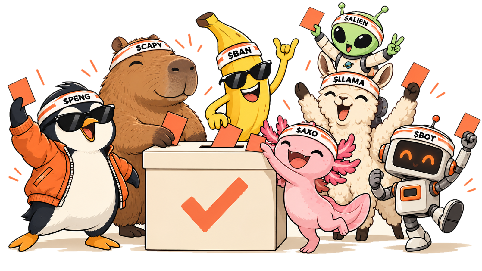 Cartoon coin mascots in vote-me headbands dropping ballots into a ballot box